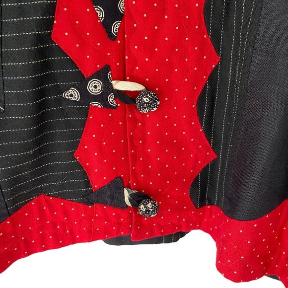 Elizabeth Vintage Patchwork Appliqué Linen Cotton Black Red Blazer Jacket small - Picture 3 of 8